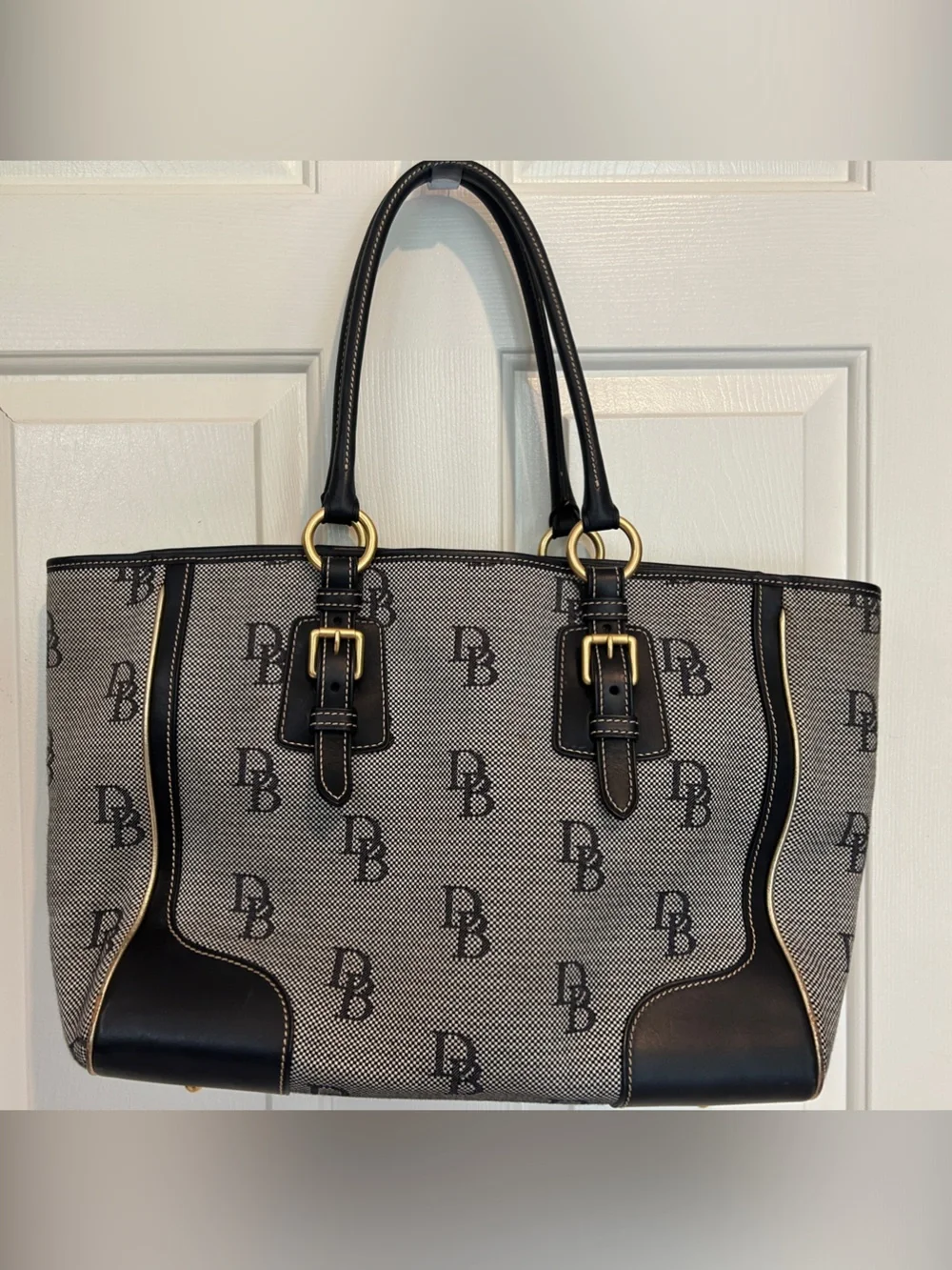 Dooney & Bourke Navy and White Logo Buckle Tote